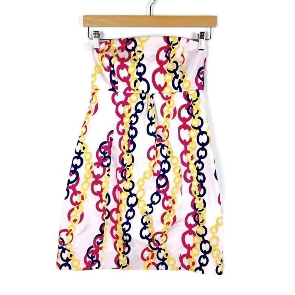 Britt Ryan Strapless Mini Dress Chain Print Preppy White Pink Navy Yellow 2
